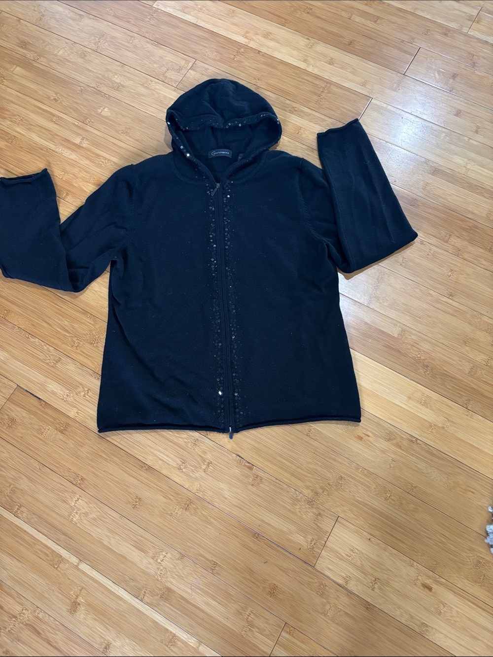 Context Black Hooded Knit Zip Jacket with Sequin Trim